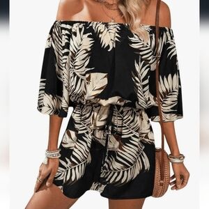 Off-Shoulder Black and Cream Leaf Print Jumpsuit NWOT